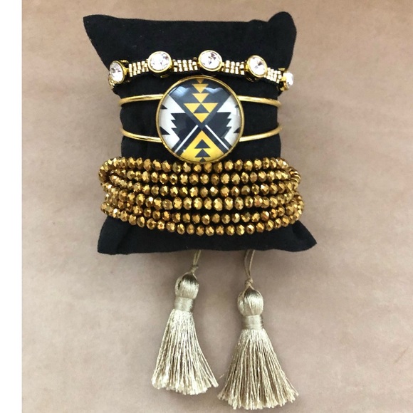 Geo Aztec Inspired Crystal Rhinestone Bangle Beaded 3 piece set - Picture 5 of 6